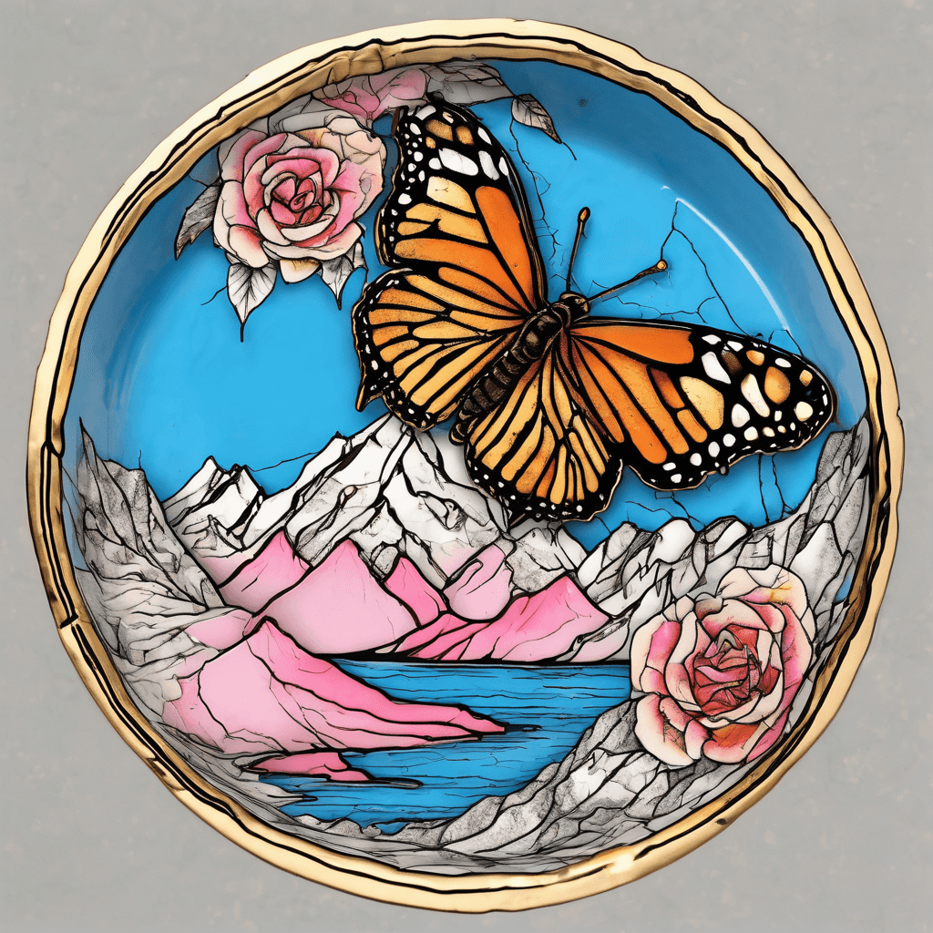 Wabi-sabi Kintsugi plate with an image of mountains and lakes printed on it in blue, gold and with a pink and blue sky. Put in a monarch butterfly and a rose.