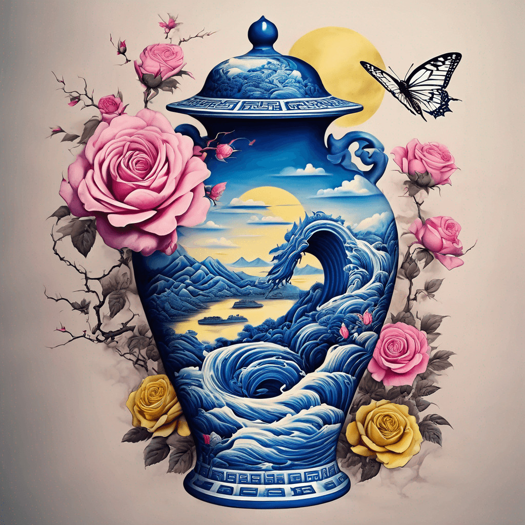 A Chinese vase with blue and white designs of the Great Wall of China, a mountain, an ocean wave, and a peaceful stream, with a small yellow swallowtail butterfly perched on a rose. Add some pink and gold hues.