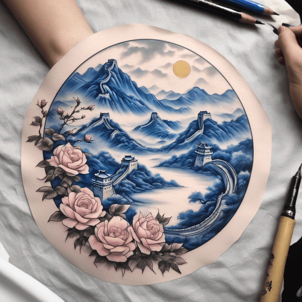 A circular tattoo with a Chinese landscape in blue and white designs of the Great Wall of China, a mountain, a forest, a meadow and a peaceful stream, and a small yellow swallowtail butterfly on a small rose. Add some pink and gold hues.