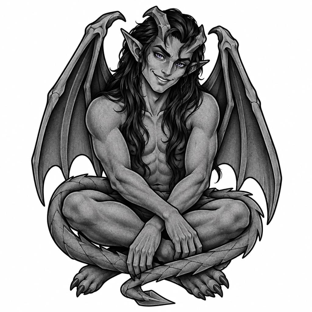 Humanoid gargoyle with dusky purple skin, amethyst eyes with a mischievous glint, smiling, sitting cross legged with his tail wrapped around his legs with long dark hairl