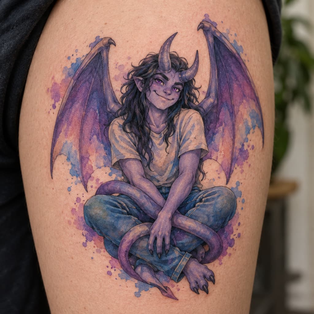 Humanoid gargoyle with dusky purple skin, amethyst eyes with a mischievous glint, smiling, sitting cross legged with his tail wrapped around his legs with long dark hair wearing a t-shirt and jeans. Change the horns o coming out of the forehead, thick at the base and tapering to a tip. Three fingers and three toes wings flared wings larger three fingers