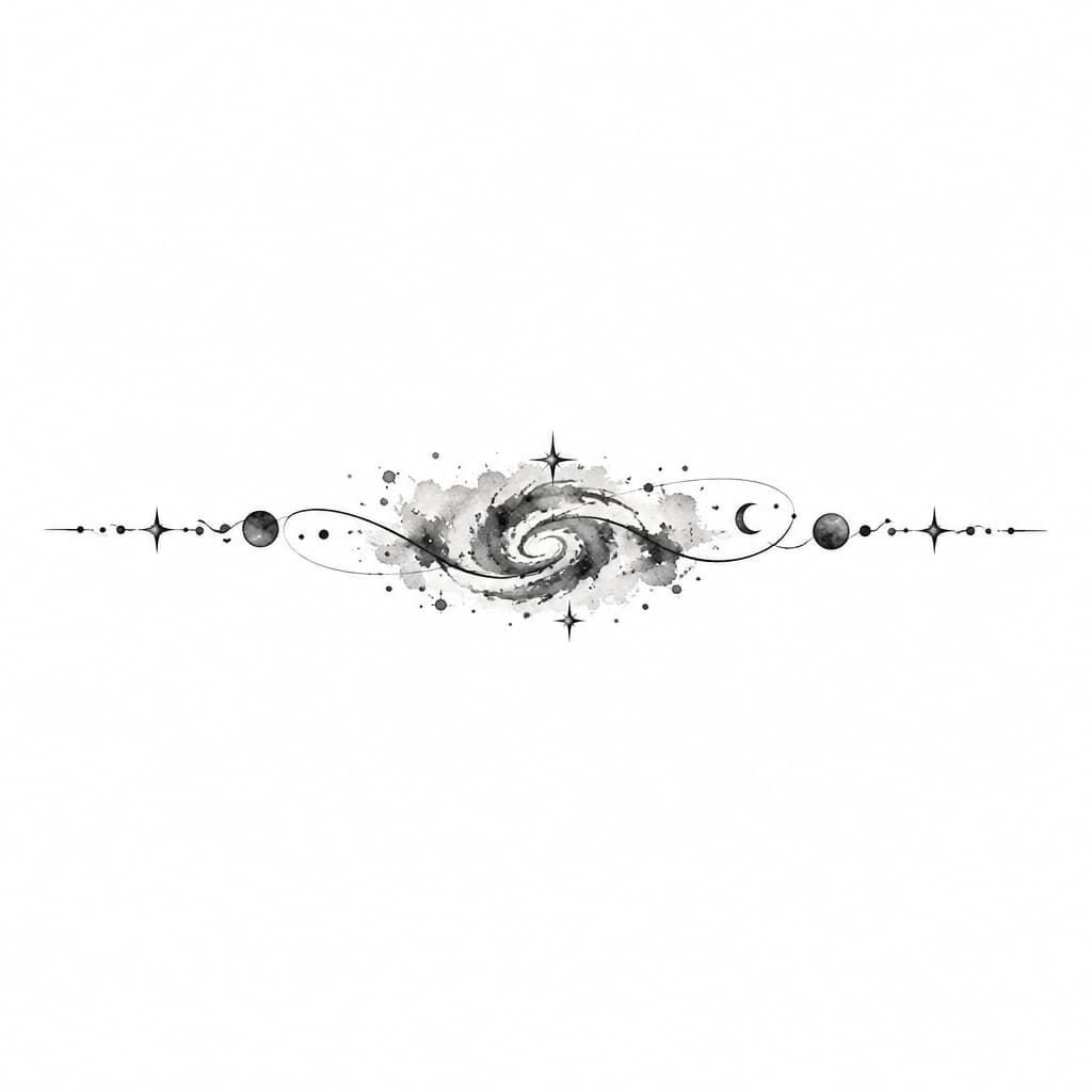 design a watercolor minimalist galaxy themed feminine bracelet tattoo - less than inch wide, abstract galaxy but it comes out in the colors