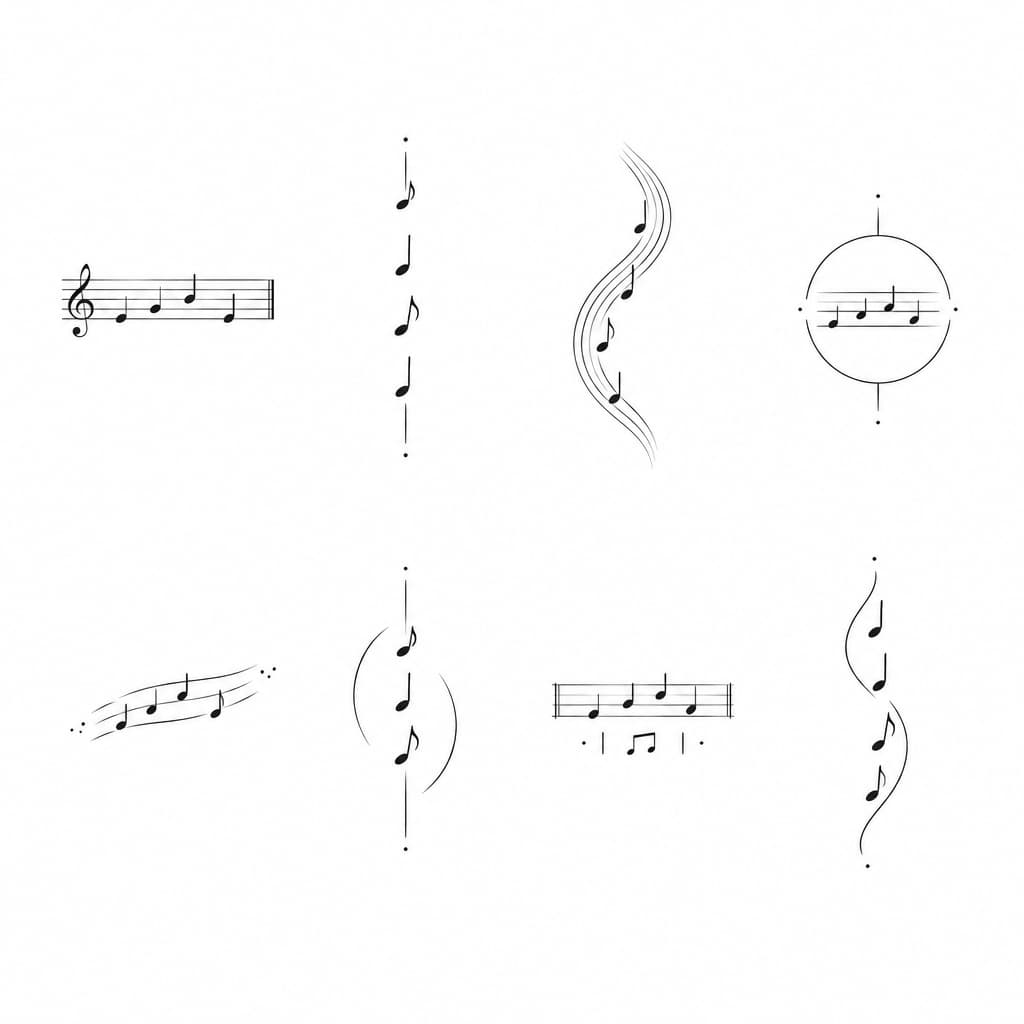 Design a series of small, subtle tattoo concepts that combine family and music using a musical cryptogram based on my family initials B, K, T, R, translated into the note sequence B–D–F–D.
The tattoo should feel:
* minimal
* fine-line black ink
* timeless
* subtle rather than literal
* clean and elegant
* suitable for the inner forearm / inner arm
Please create multiple distinct concepts that stay in the same overall aesthetic family, but explore different ways of presenting the idea.
Core direction
Use the B–D–F–D melody as the foundation, but do not limit the designs to a basic horizontal staff only. Explore variations that still feel musical but more refined and understated.
Explore ideas like:
* simple note-and-staff concepts
* vertical compositions that follow the arm
* slightly curved or flowing staff lines
* subtle rhythm integration into the melody
* minimal circular or orbit-like framing elements
* small abstract accents that support the design without making it busy
* quiet, elegant compositions that feel personal and intimate
Design constraints
* Keep everything small and tattoo-realistic
* Use black ink only
* Avoid heavy shading or thick lines
* Avoid bold illustrative styles
* Avoid anything too busy, decorative, or overly symbolic
* Avoid guitar chord diagrams, fret numbers, or anything that feels too on-the-nose
* Avoid large flourishes
* Keep the design subtle and refined
Output request
Generate 5 to 8 tattoo concepts on a clean background or as arm mockups.
Show a mix of:
* horizontal options
* vertical options
* slightly curved / flowing options
* a few concepts that incorporate rhythmic marks subtly into the staff or melody
Prioritize the feeling of:
understated, musical, personal, and permanent-worthy.