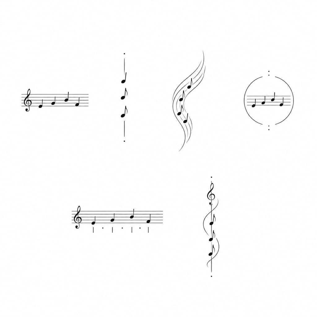 Design a series of small, subtle tattoo concepts that combine family and music using a musical cryptogram based on my family initials B, K, T, R, translated into the note sequence B–D–F–D.
The tattoo should feel:
* minimal
* fine-line black ink
* timeless
* subtle rather than literal
* clean and elegant
* suitable for the inner forearm / inner arm
Please create multiple distinct concepts that stay in the same overall aesthetic family, but explore different ways of presenting the idea.
Core direction
Use the B–D–F–D melody as the foundation, but do not limit the designs to a basic horizontal staff only. Explore variations that still feel musical but more refined and understated.
Explore ideas like:
* simple note-and-staff concepts
* vertical compositions that follow the arm
* slightly curved or flowing staff lines
* subtle rhythm integration into the melody
* minimal circular or orbit-like framing elements
* small abstract accents that support the design without making it busy
* quiet, elegant compositions that feel personal and intimate
Design constraints
* Keep everything small and tattoo-realistic
* Use black ink only
* Avoid heavy shading or thick lines
* Avoid bold illustrative styles
* Avoid anything too busy, decorative, or overly symbolic
* Avoid guitar chord diagrams, fret numbers, or anything that feels too on-the-nose
* Avoid large flourishes
* Keep the design subtle and refined
Output request
Generate 5 to 8 tattoo concepts on a clean background or as arm mockups.
Show a mix of:
* horizontal options
* vertical options
* slightly curved / flowing options
* a few concepts that incorporate rhythmic marks subtly into the staff or melody
Prioritize the feeling of:
understated, musical, personal, and permanent-worthy.