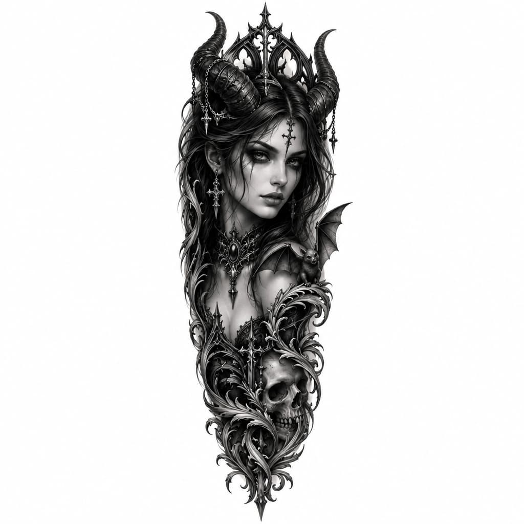 Black and grey tattoo sleeve, dark gothic style, continuation of the design. A beautiful demonic female with horns and dark eyes, mystical gothic ornaments, intricate filigree, a small bat, dark surrealism, shading and smooth transitions, realistic sketch, high detail, white background, stencil style