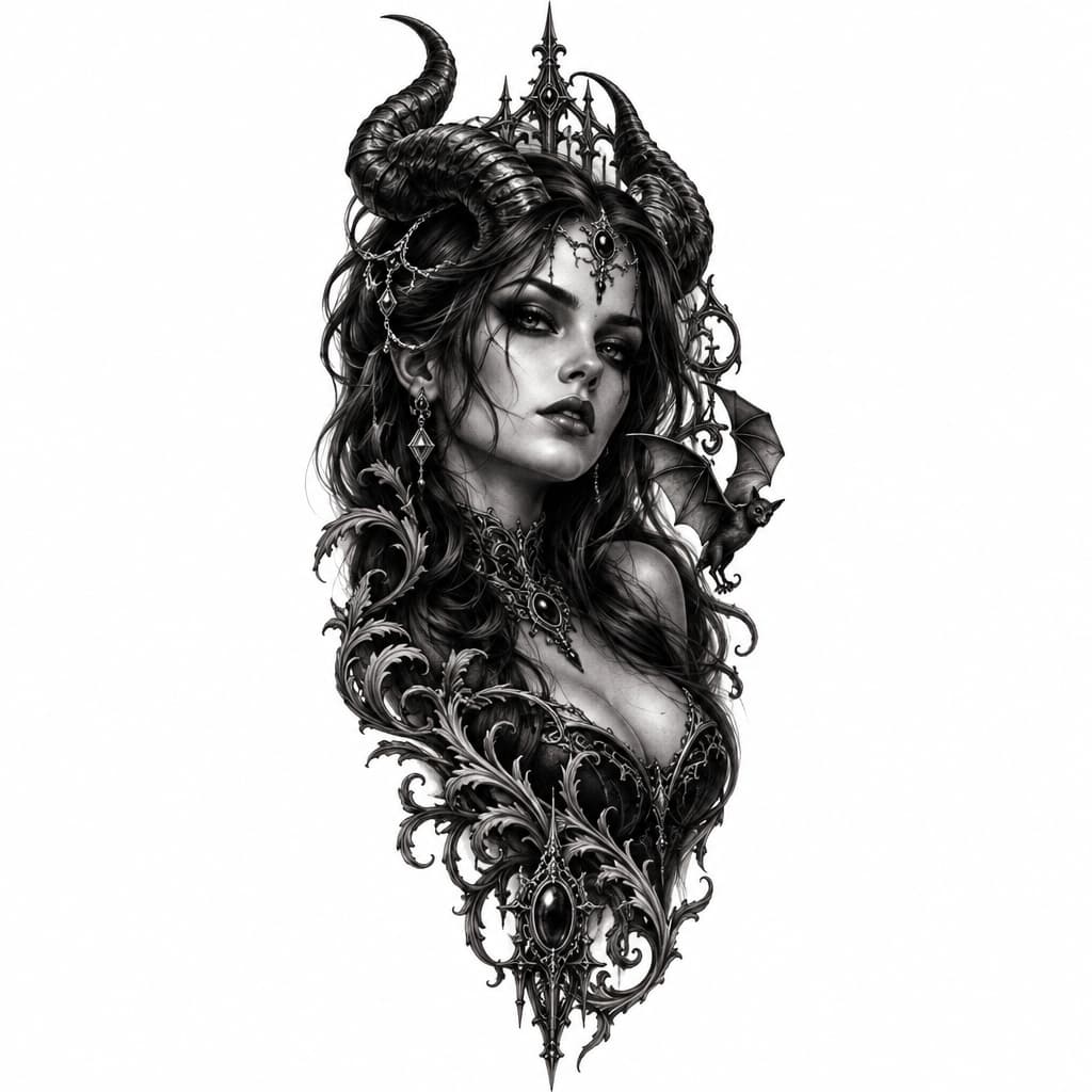 Black and grey tattoo sleeve, dark gothic style, continuation of the design. A beautiful demonic female with horns and dark eyes, mystical gothic ornaments, intricate filigree, a small bat, dark surrealism, shading and smooth transitions, realistic sketch, high detail, white background, stencil style