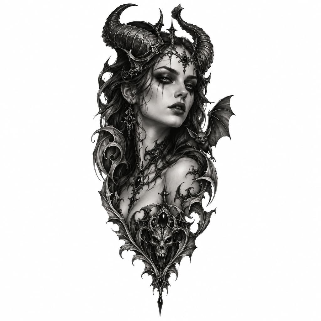 Black and grey tattoo sleeve, dark gothic style, continuation of the design. A beautiful demonic female with horns and dark eyes, mystical gothic ornaments, intricate filigree, a small bat, dark surrealism, shading and smooth transitions, realistic sketch, high detail, white background, stencil style