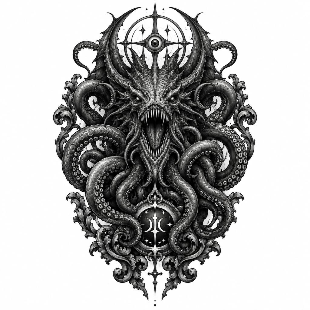 Black and grey tattoo design, dark gothic style, a demonic Leviathan with tentacles, sharp teeth, mystical symbols, baroque patterns, dark surrealism, shading and dotwork, high contrast, clean lines, white background, stencil.
