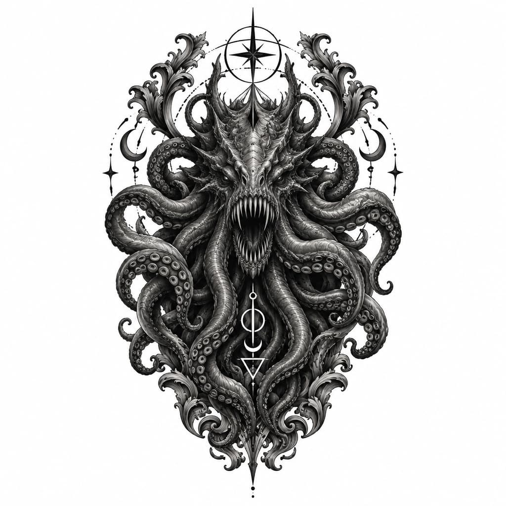Black and grey tattoo design, dark gothic style, a demonic Leviathan with tentacles, sharp teeth, mystical symbols, baroque patterns, dark surrealism, shading and dotwork, high contrast, clean lines, white background, stencil.