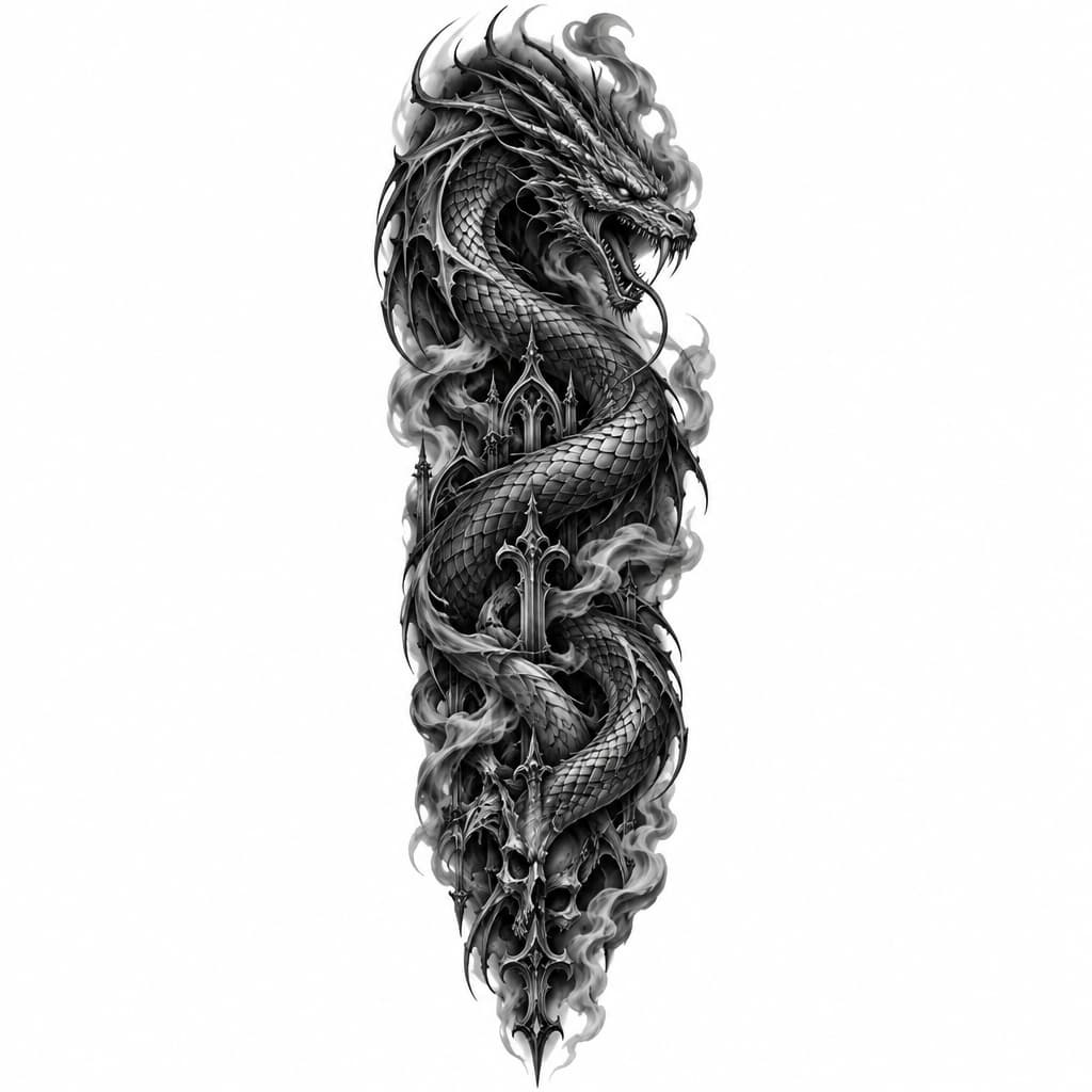 Black and grey tattoo sleeve, dark gothic style, a mystical demonic serpent dragon with scales, sharp fangs, smoke and mist, gothic ornaments, dark surrealism, shading and smooth transitions, realistic sketch, high detail, white background, stencil style