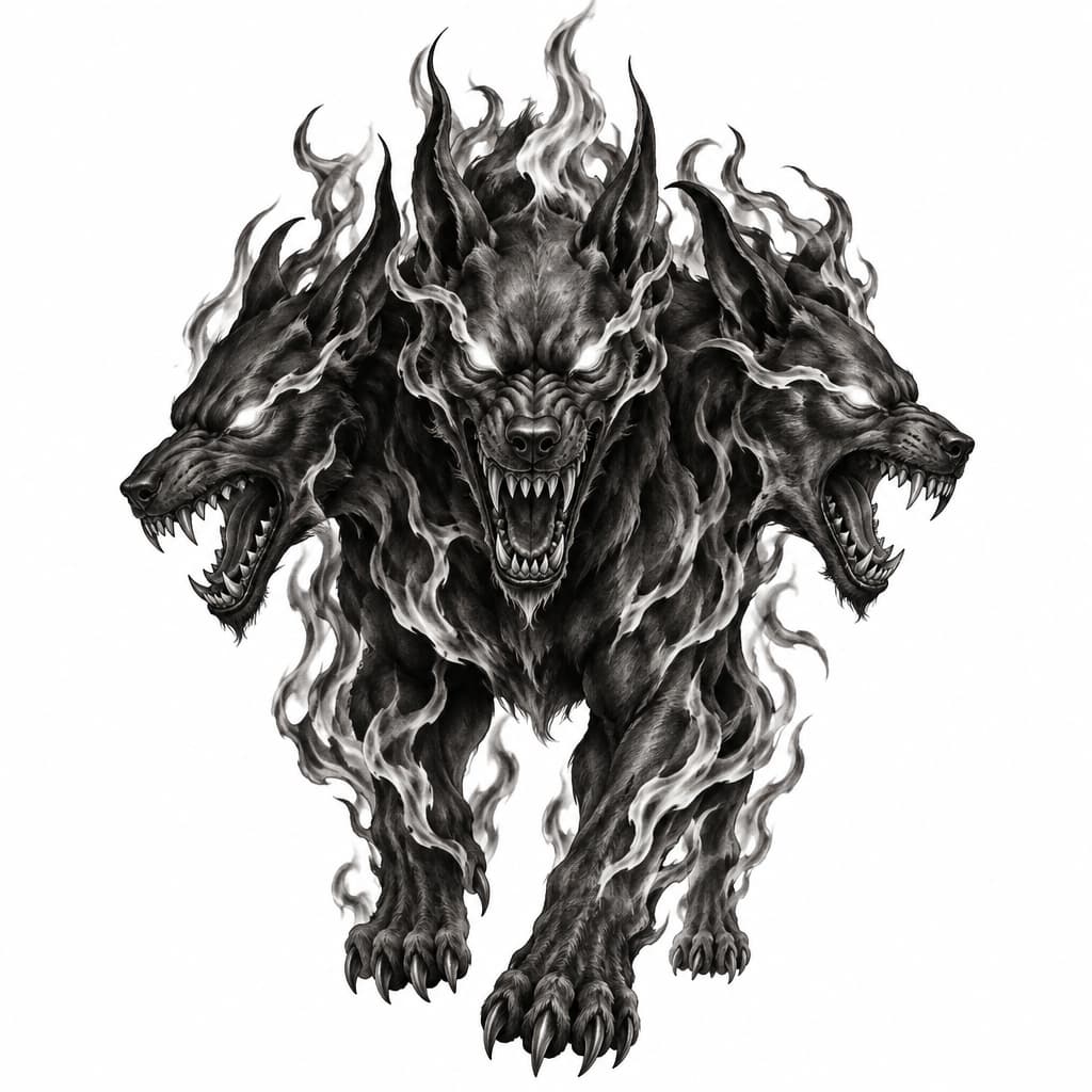Black and grey tattoo, dark gothic style, a realistic demonic hellhound with three heads, sharp teeth, glowing eyes, mystical flames, dark surrealism, smooth shading, realistic sketch, detailed, white background, stencil.