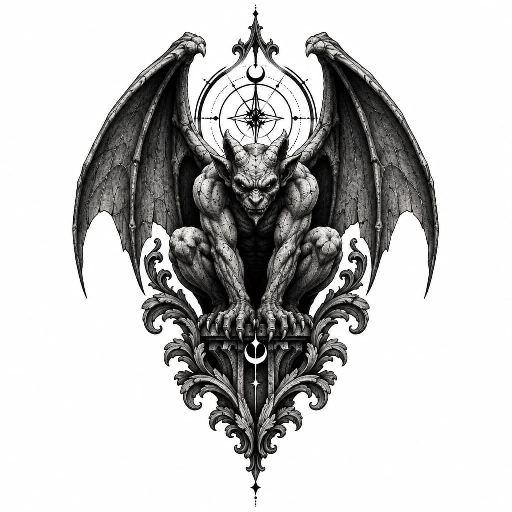Black and grey tattoo design, dark gothic style, a realistic gargoyle with spread wings, stone texture, mystical symbols, baroque patterns, dark surrealism, shading and dotwork, high contrast, clean lines, white background, stencil
