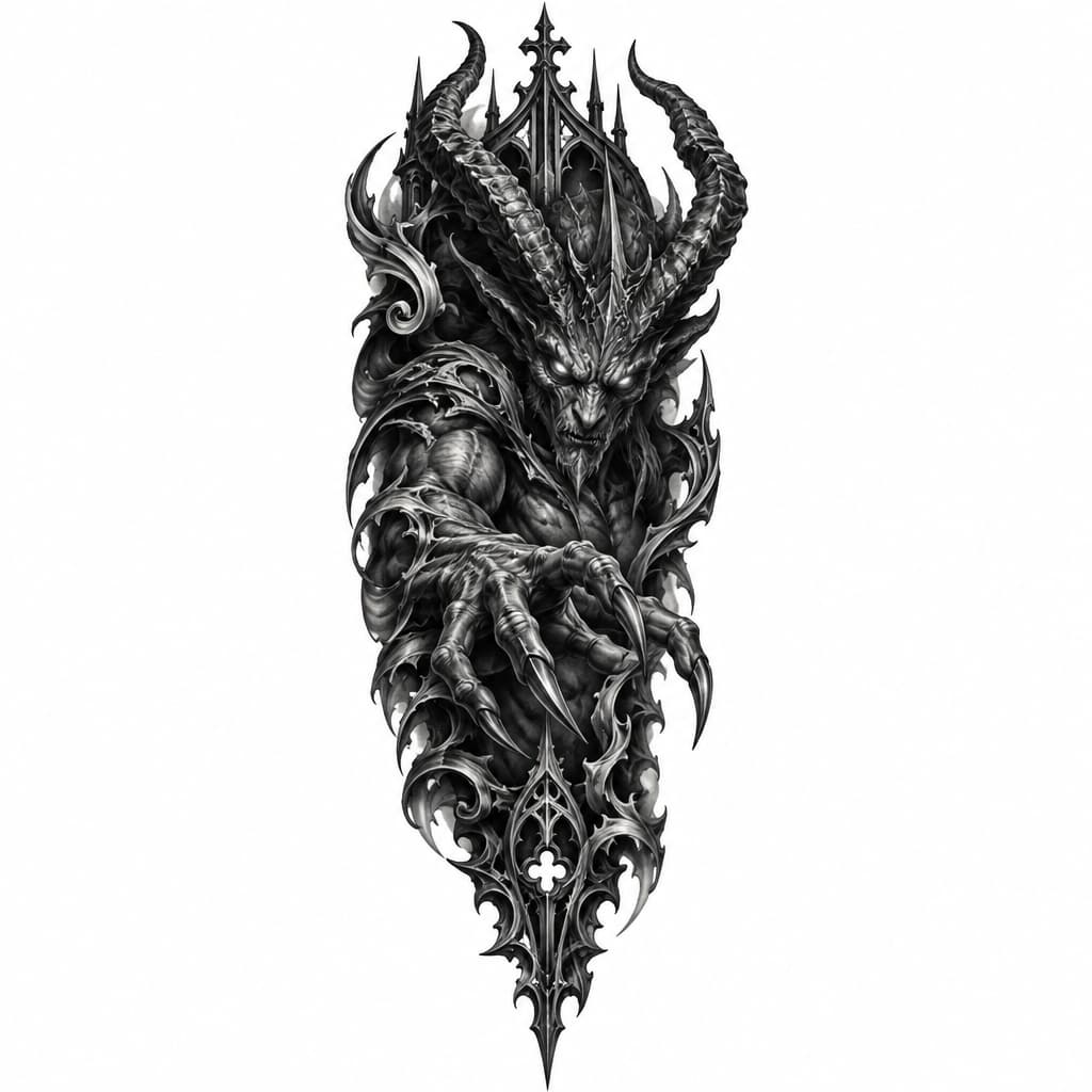 Black and grey tattoo sleeve, dark gothic style, continuation of the design. A powerful demonic creature with horns, sharp claws, and glowing eyes, mystical gothic ornaments, intricate filigree, dark surrealism, shading and smooth transitions, realistic sketch, high detail, white background, stencil style.