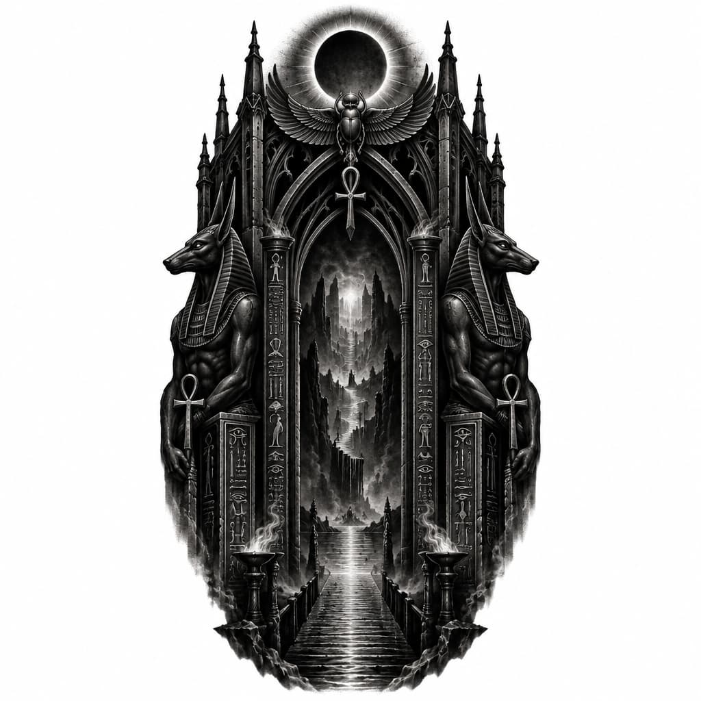 Black and grey tattoo design, dark gothic style, mystical gates of Duat, Egyptian portal, Anubis symbols, hieroglyphs, gothic arches, dark surrealism, shading and dotwork, high contrast, clean lines, white background, stencil.