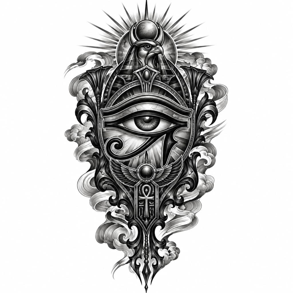 Black and grey tattoo, dark gothic style, a mystical Eye of Horus, intricate Egyptian ornaments, rays of light, gothic filigree, dark surrealism, smooth shading, realistic sketch, detailed, white background, stencil.