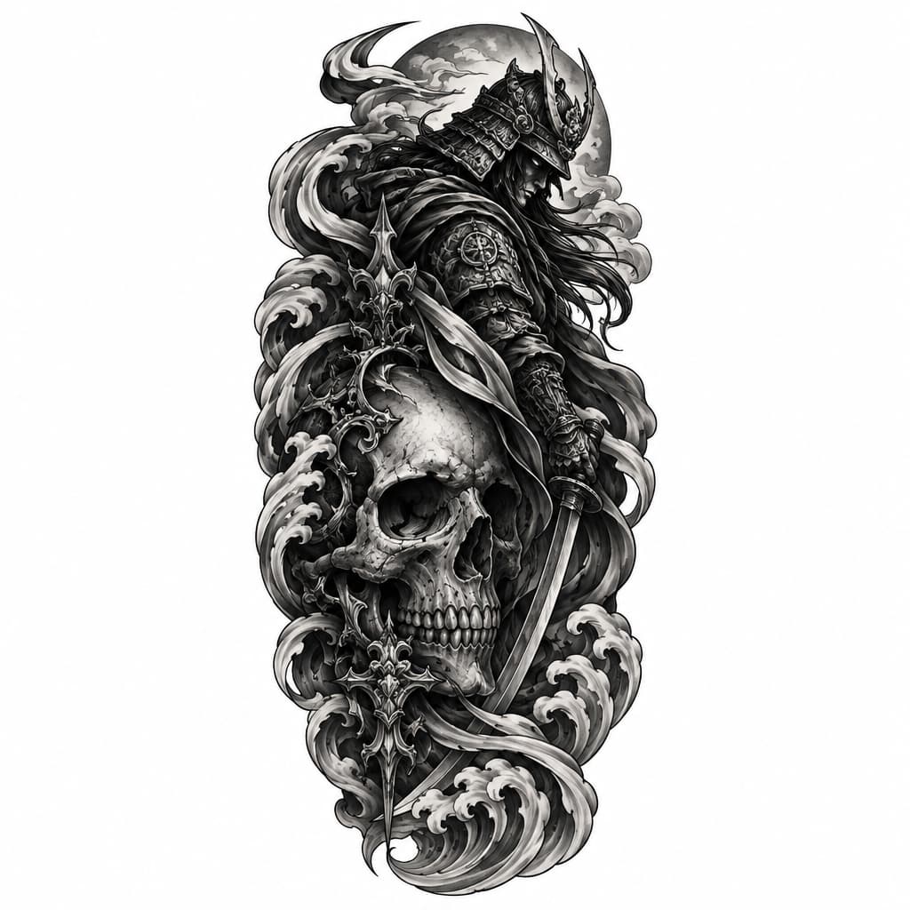 Black and grey tattoo, dark gothic style, a realistic skull with intricate gothic ornaments, a mystical warrior, dark surrealism, smooth shading, realistic sketch, detailed, white background, stencil