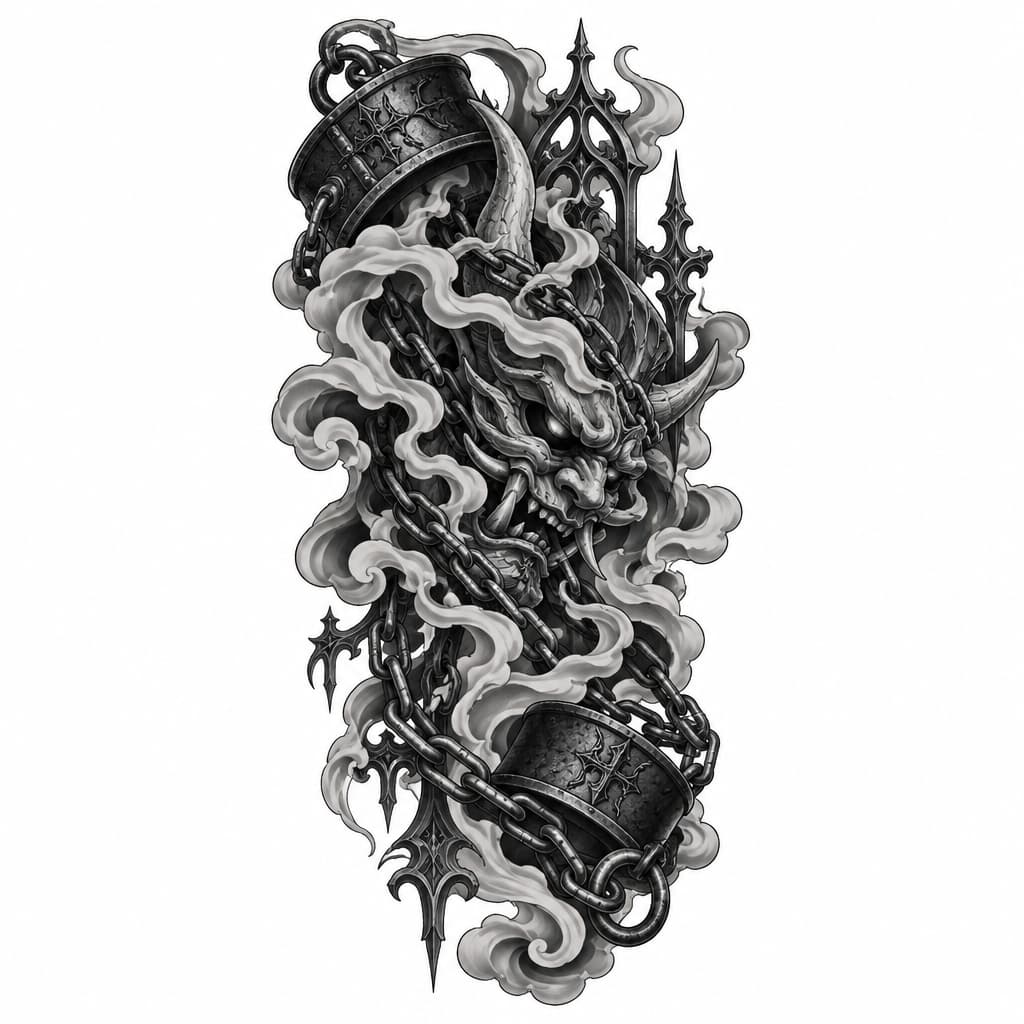 Black and grey tattoo filler, dark gothic style, demonic chains and shackles, mystical smoke, gothic ornaments, dark surrealism, smooth shading, realistic sketch, detailed, white background, stencil