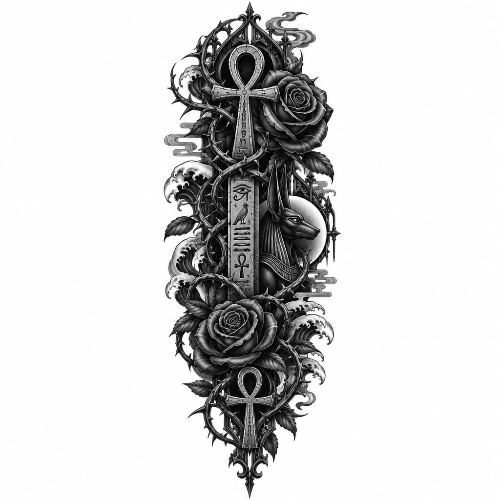 Black and grey tattoo design, long vertical composition, dark gothic style, mystical thorny vine, gothic roses, Ankh symbols, Egyptian hieroglyphs, gothic ornaments, dark surrealism, shading and dotwork, high contrast, clean lines, white background, stencil