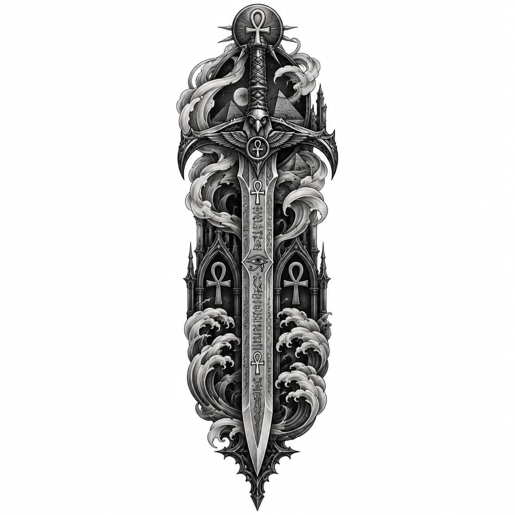 Black and grey tattoo design, long vertical composition, dark gothic style, mystical long sword, engraved blade, Egyptian hieroglyphs, Ankh symbols, gothic ornaments, dark surrealism, smooth shading, realistic sketch, detailed, white background, stencil