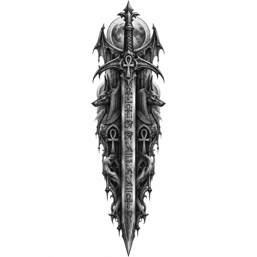 Black and grey tattoo design, long vertical composition, dark gothic style, mystical long sword, engraved blade, Egyptian hieroglyphs, Ankh symbols, gothic ornaments, dark surrealism, smooth shading, realistic sketch, detailed, white background, stencil