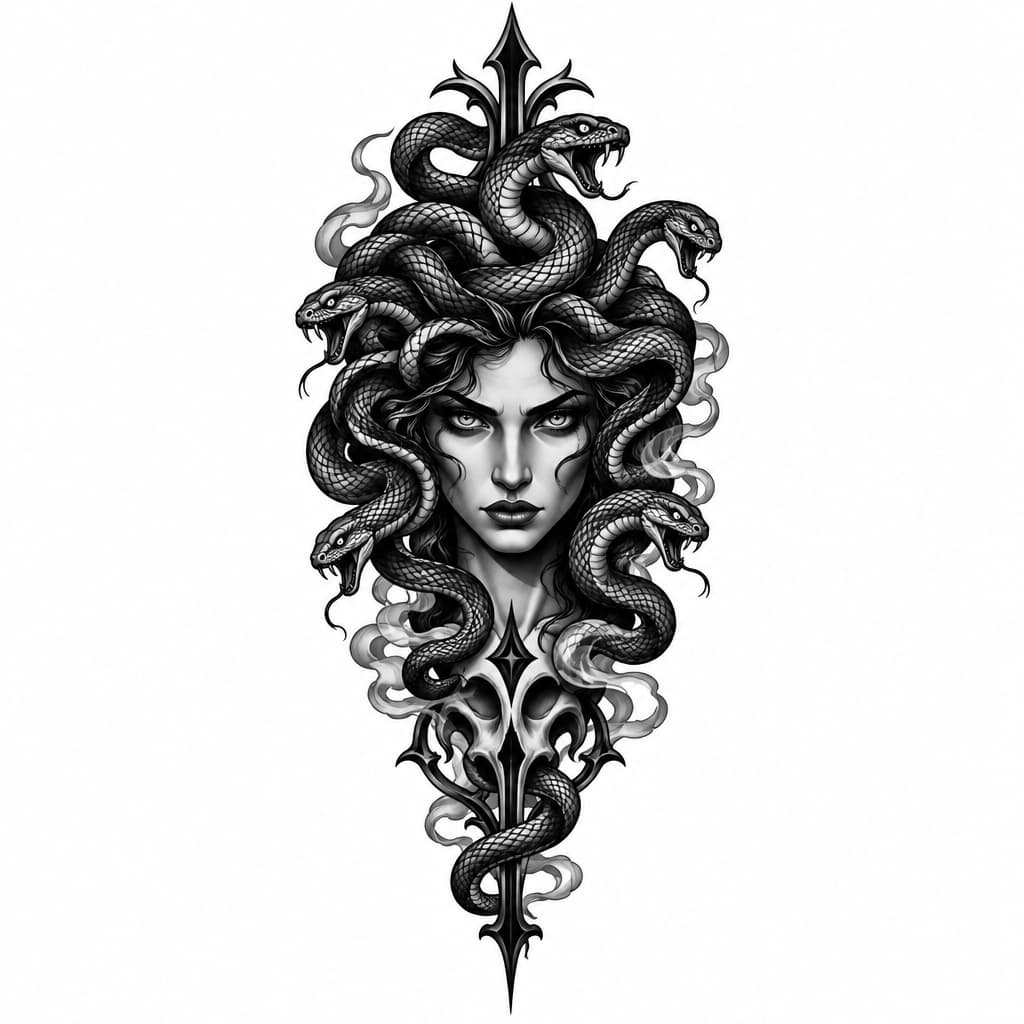 Black and grey tattoo design, long vertical composition, dark gothic style, a realistic Medusa, snake hair, piercing eyes, mystical smoke, gothic ornaments, dark surrealism, smooth shading, realistic sketch, high detail, white background, stencil.