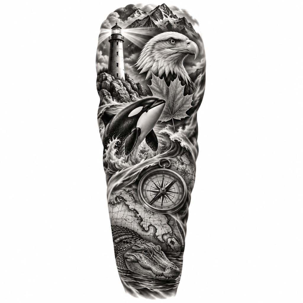 3/4 color sleeve with orca, lighthouse, maple leaf, bald eagle, alligator, mountains, compass, map
