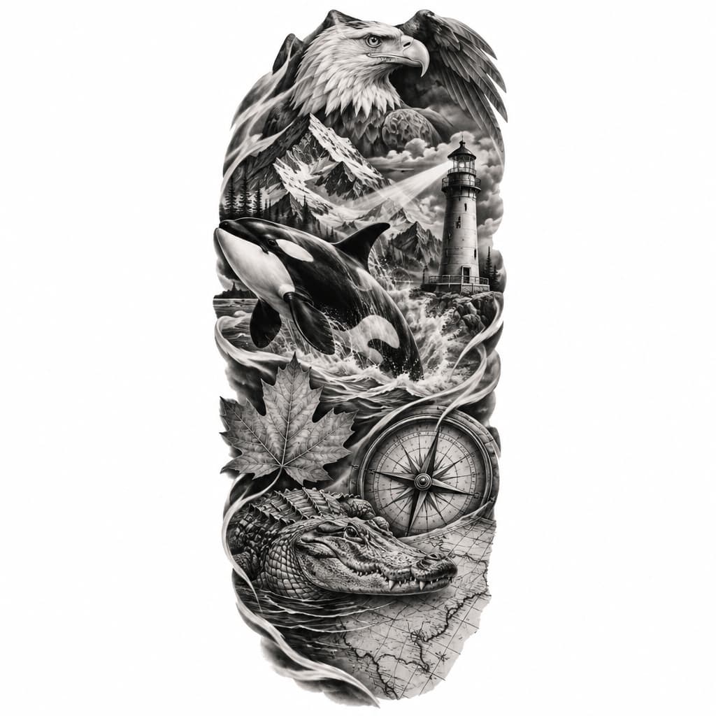 3/4 color sleeve with orca, lighthouse, maple leaf, bald eagle, alligator, mountains, compass, map