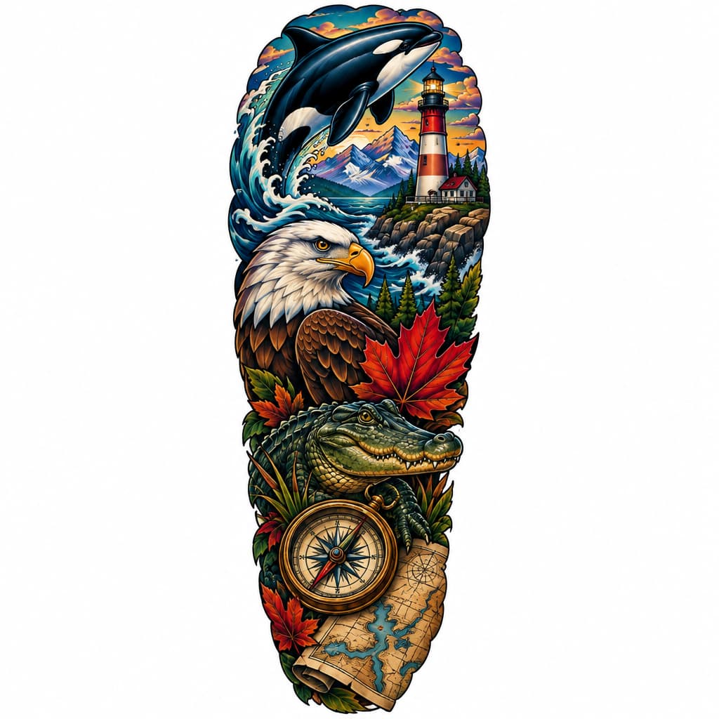 3/4 color sleeve with orca, lighthouse, maple leaf, bald eagle, alligator, mountains, compass, map