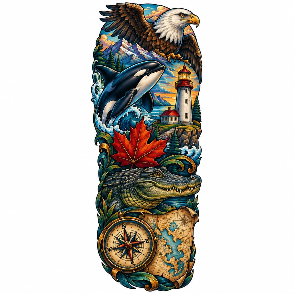 3/4 color sleeve with orca, lighthouse, maple leaf, bald eagle, alligator, mountains, compass, map