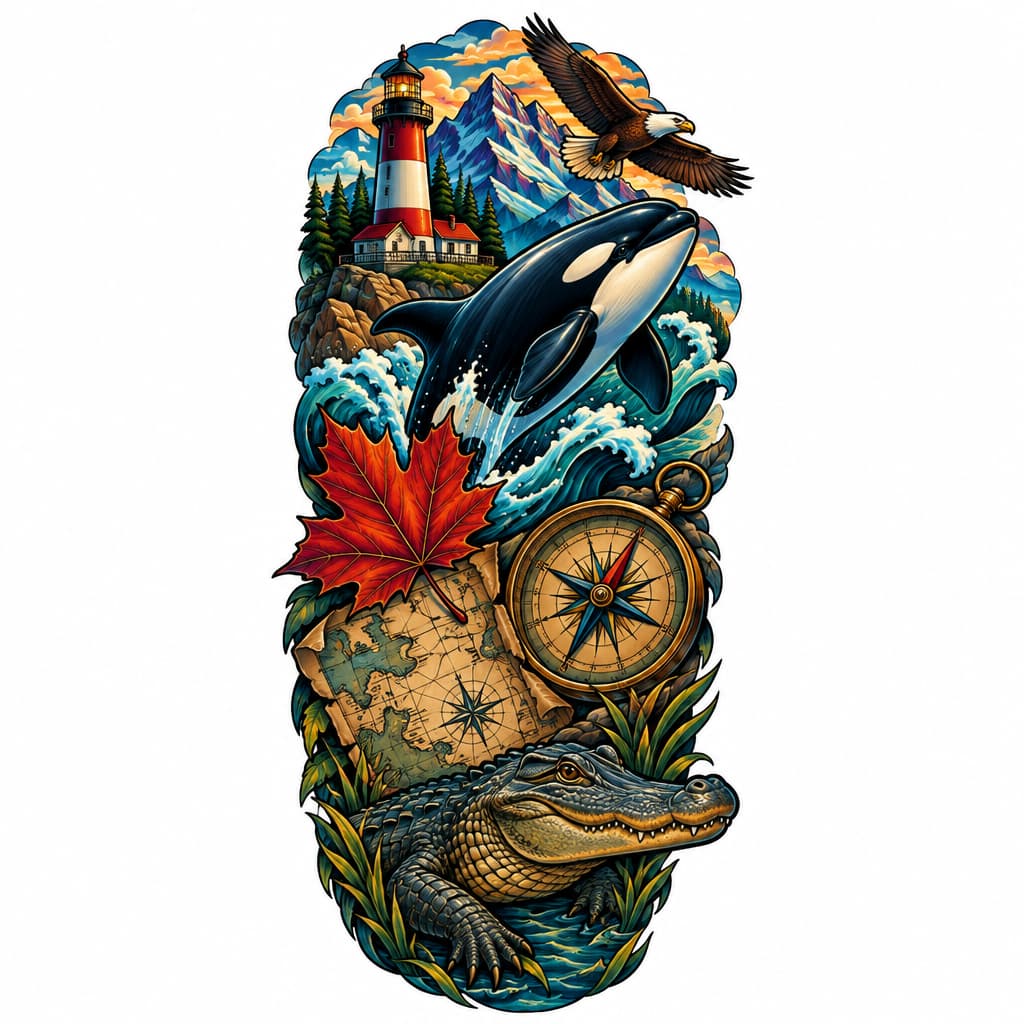 3/4 color sleeve with orca, lighthouse, maple leaf, small flying bald eagle, alligator, mountains, compass, map