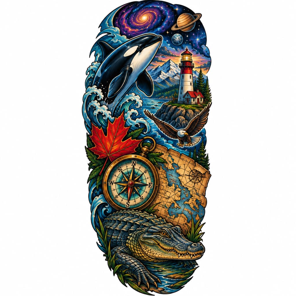 3/4 color sleeve with orca, lighthouse, maple leaf, small flying bald eagle, alligator, mountains, compass, map, outer space
