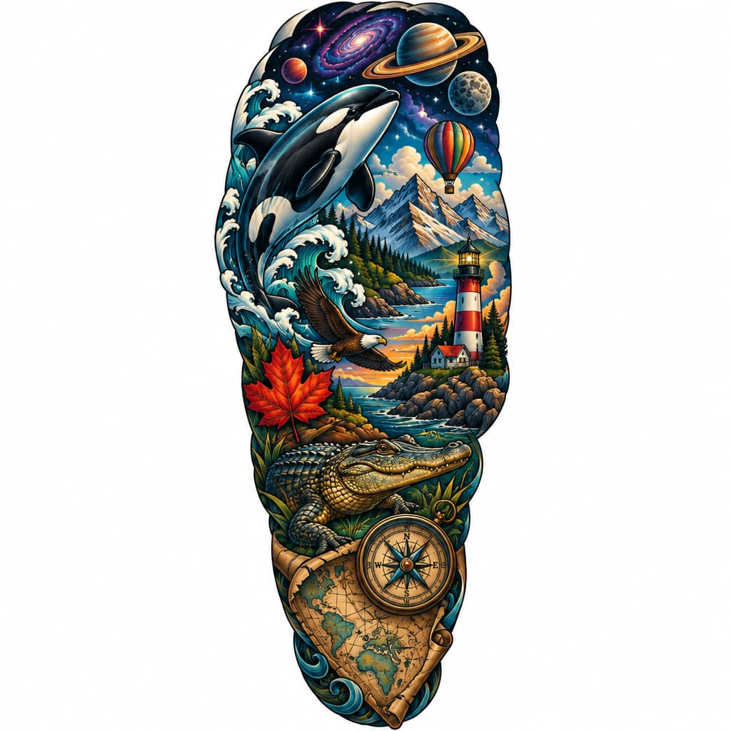 3/4 color sleeve with orca, small hot air balloon, lighthouse, maple leaf, small flying bald eagle, alligator, mountains, compass, map, outer space
