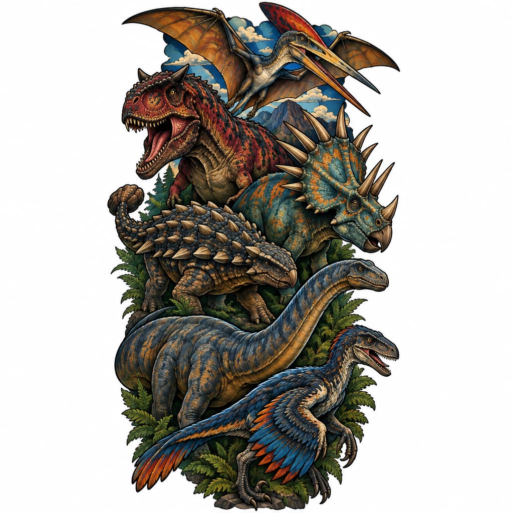 3/4 sleeve carnotaurus, ankylosaurus, quetzalcoatlus, styracosaurus, apatosaurus, Utah raptor