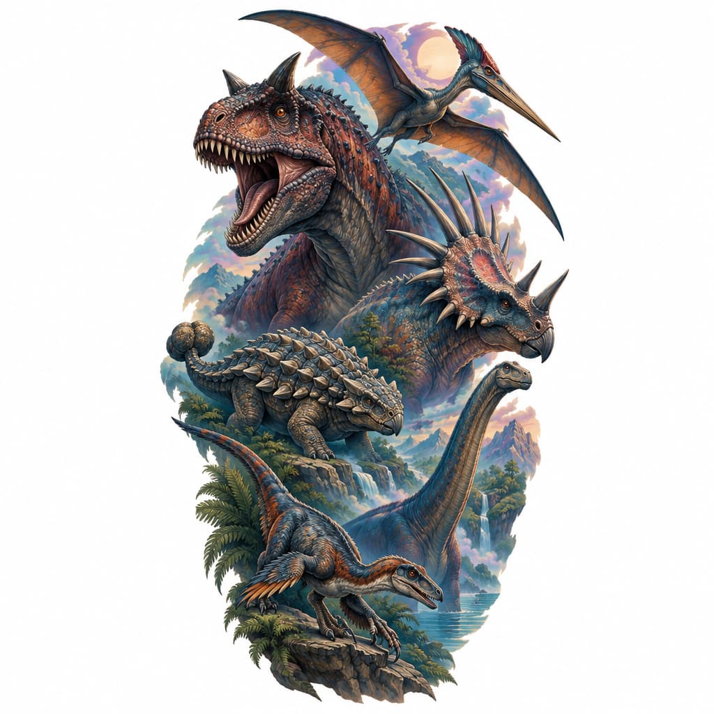 3/4 sleeve carnotaurus, ankylosaurus, quetzalcoatlus, styracosaurus, apatosaurus, Utah raptor