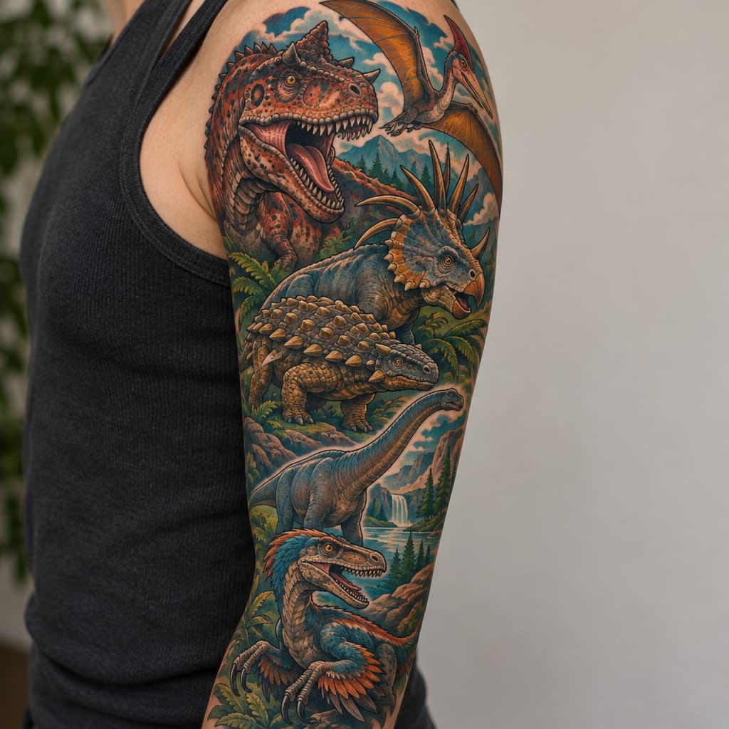 3/4 sleeve carnotaurus, ankylosaurus, quetzalcoatlus, styracosaurus, apatosaurus, Utah raptor