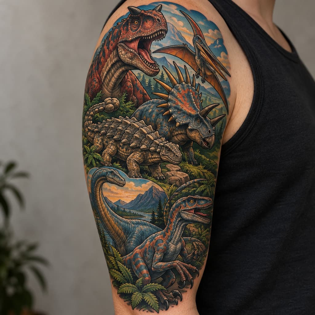3/4 sleeve carnotaurus, ankylosaurus, quetzalcoatlus, styracosaurus, apatosaurus, Utah raptor