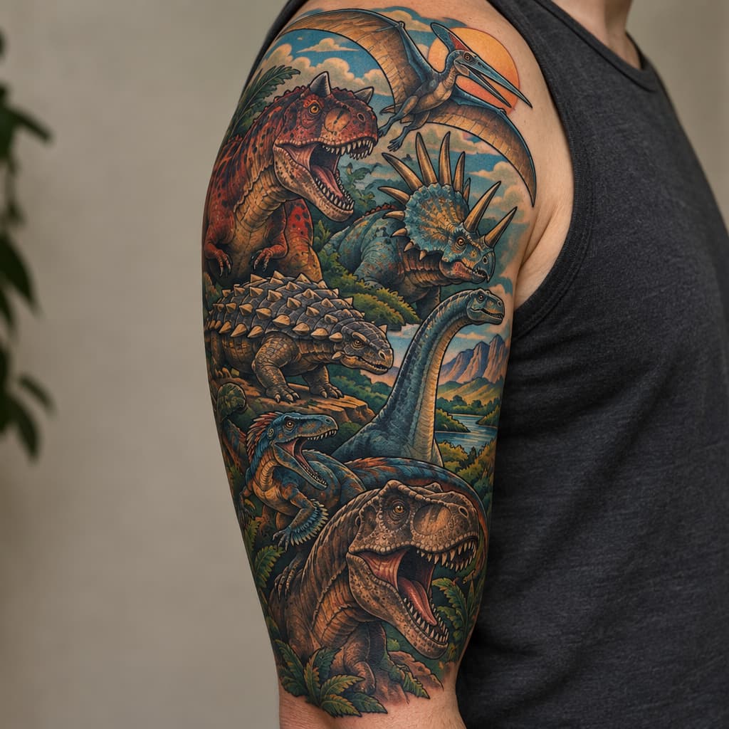3/4 sleeve carnotaurus, ankylosaurus, quetzalcoatlus, styracosaurus, apatosaurus, Utah raptor, Tyrannosaurus rex