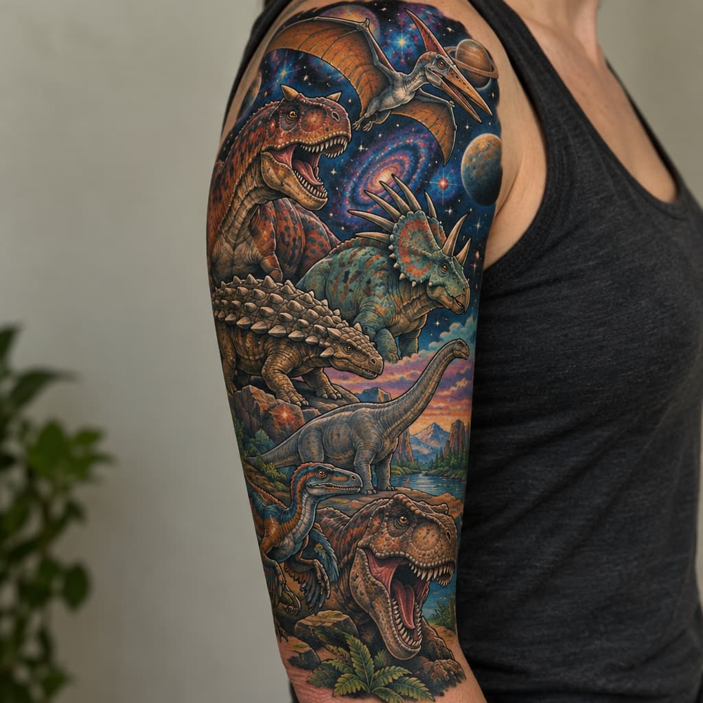 3/4 sleeve carnotaurus, ankylosaurus, quetzalcoatlus, styracosaurus, apatosaurus, Utah raptor, Tyrannosaurus rex, outer space