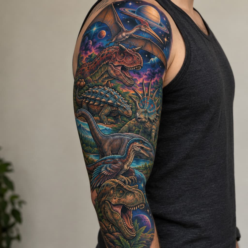 3/4 sleeve carnotaurus, ankylosaurus, quetzalcoatlus, styracosaurus, apatosaurus, Utah raptor, Tyrannosaurus rex, outer space