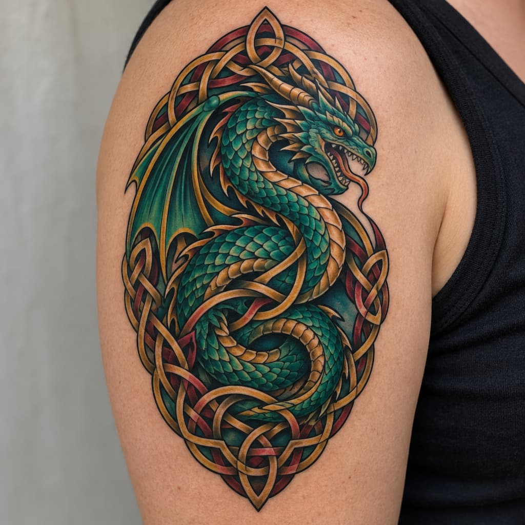Celtic dragon, surrounded by Celtic knot