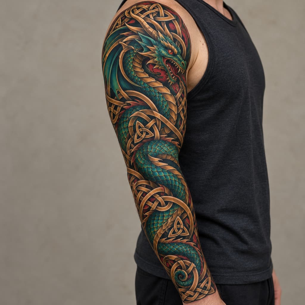 Full sleeve Celtic dragon, surrounded by Celtic knot