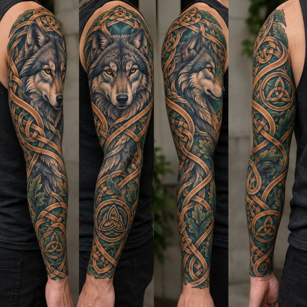 Full sleeve Celtic wolf, surrounded by Celtic knot