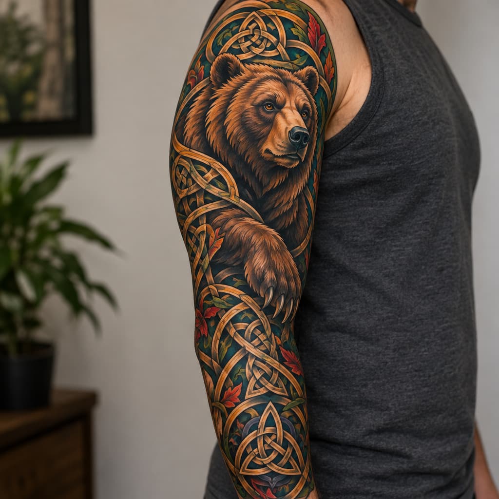 Full sleeve Celtic bear, surrounded by Celtic knot
