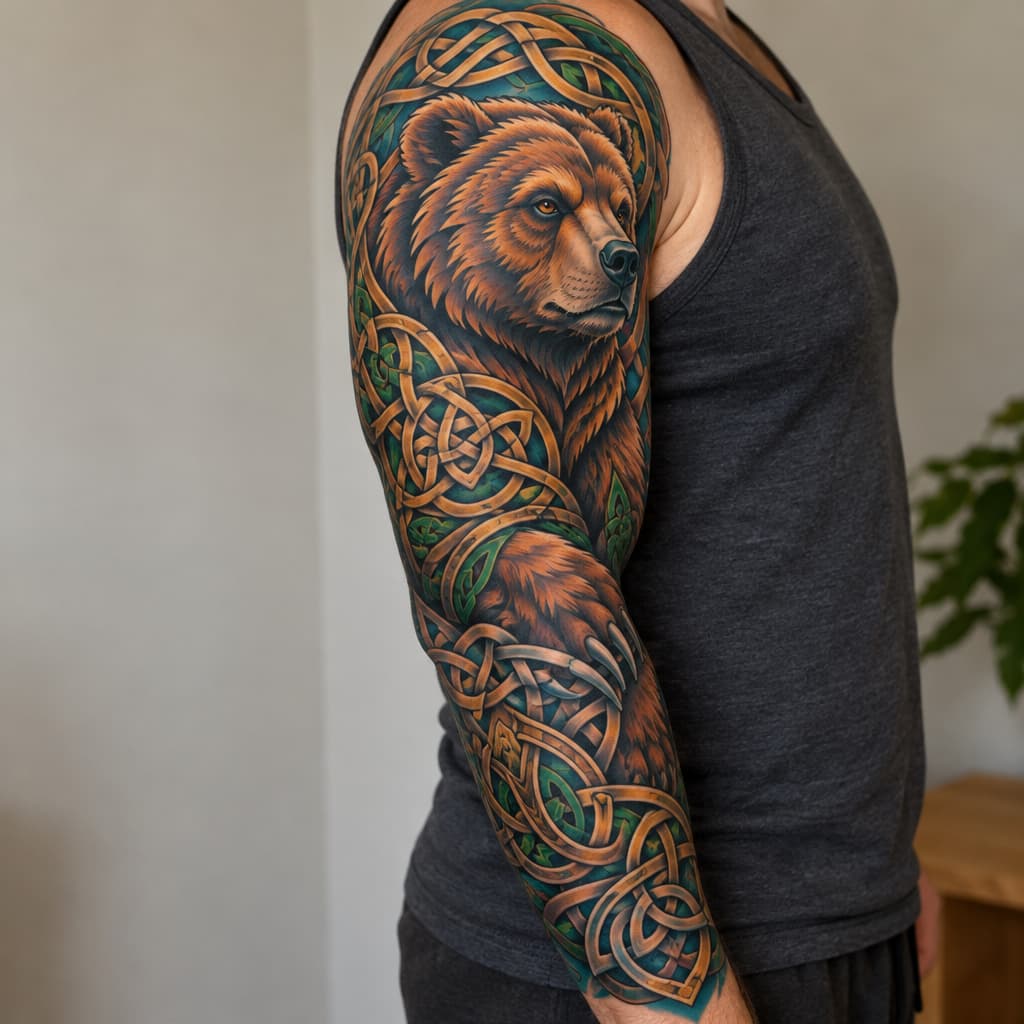 Full sleeve Celtic bear, surrounded by Celtic knot