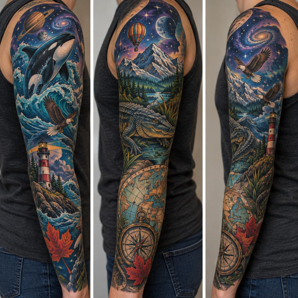 Full sleeve with orca, small flying bald eagle, lighthouse, alligator, maple leaf, mountains, small hot air balloon, space, map and compass