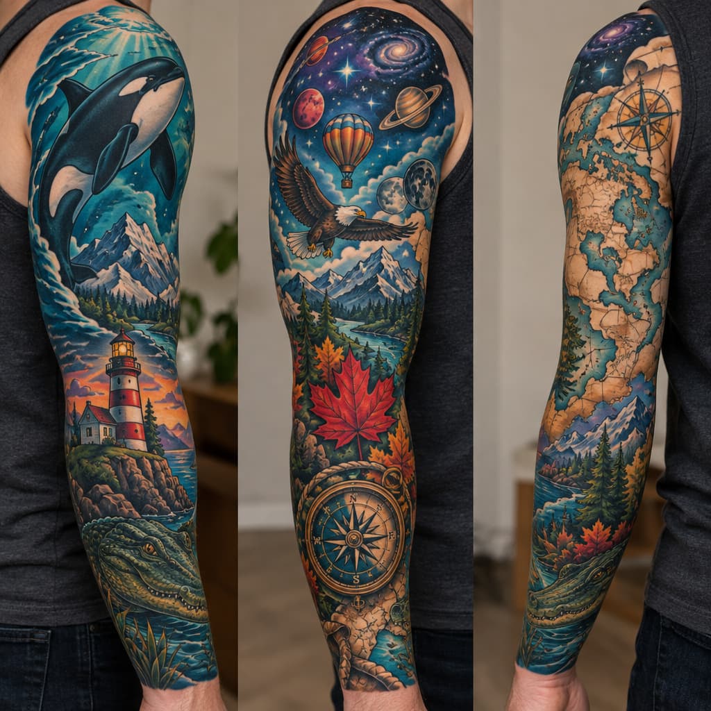 Full sleeve with orca, small flying bald eagle, lighthouse, alligator, maple leaf, mountains, small hot air balloon, space, map and compass