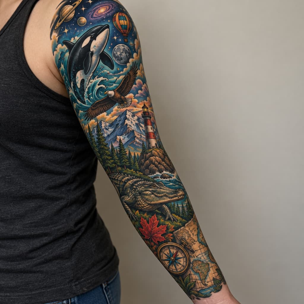 Full sleeve with orca, small flying bald eagle, lighthouse, alligator, maple leaf, mountains, small hot air balloon, space, map and compass