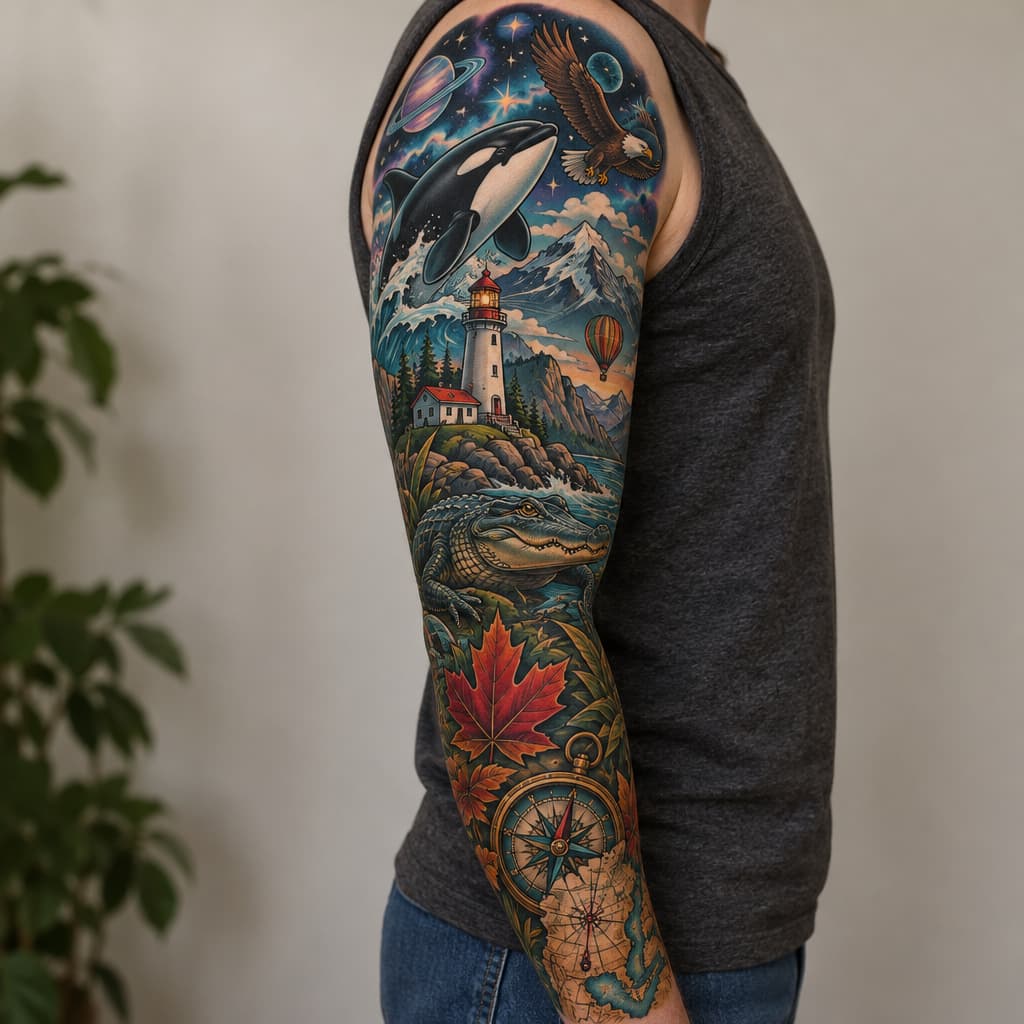 Full sleeve with orca, small flying bald eagle, lighthouse, alligator, maple leaf, mountains, small hot air balloon, space, map and compass