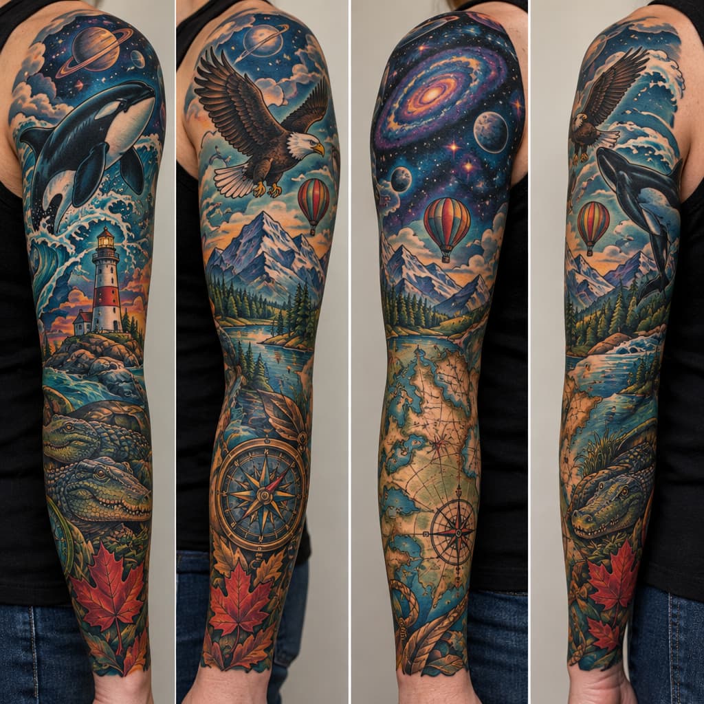 Full sleeve with orca, small flying bald eagle, lighthouse, alligator, maple leaf, mountains, small hot air balloon, space, map and compass