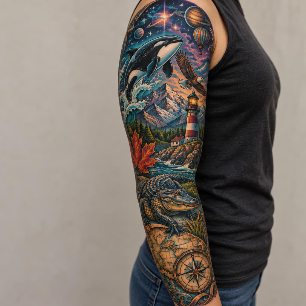 Full sleeve with orca, small flying bald eagle, lighthouse, alligator, maple leaf, mountains, small hot air balloon, space, map and compass